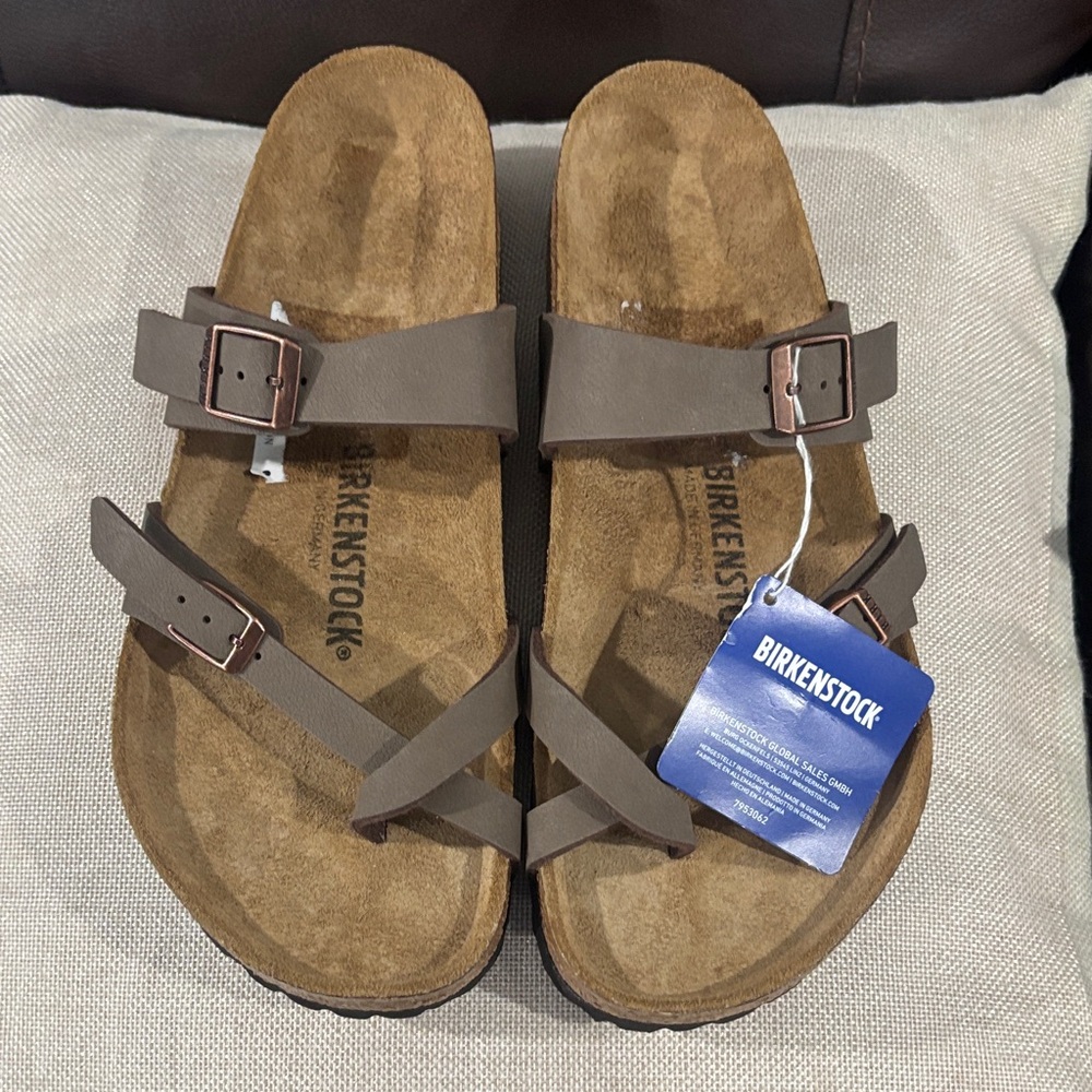Birkenstock Taupe Crisscross Two-Strap Sandals with Buckles